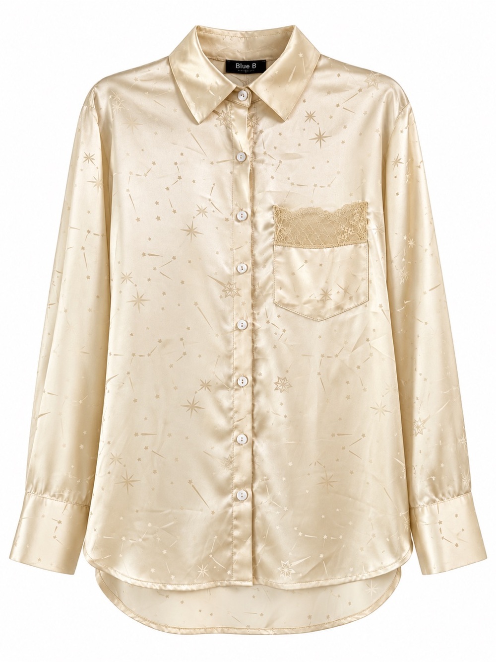 NEW blue b Cream Star Zodiac Asteroid Celestial Satin Like Button Down Up Shirt